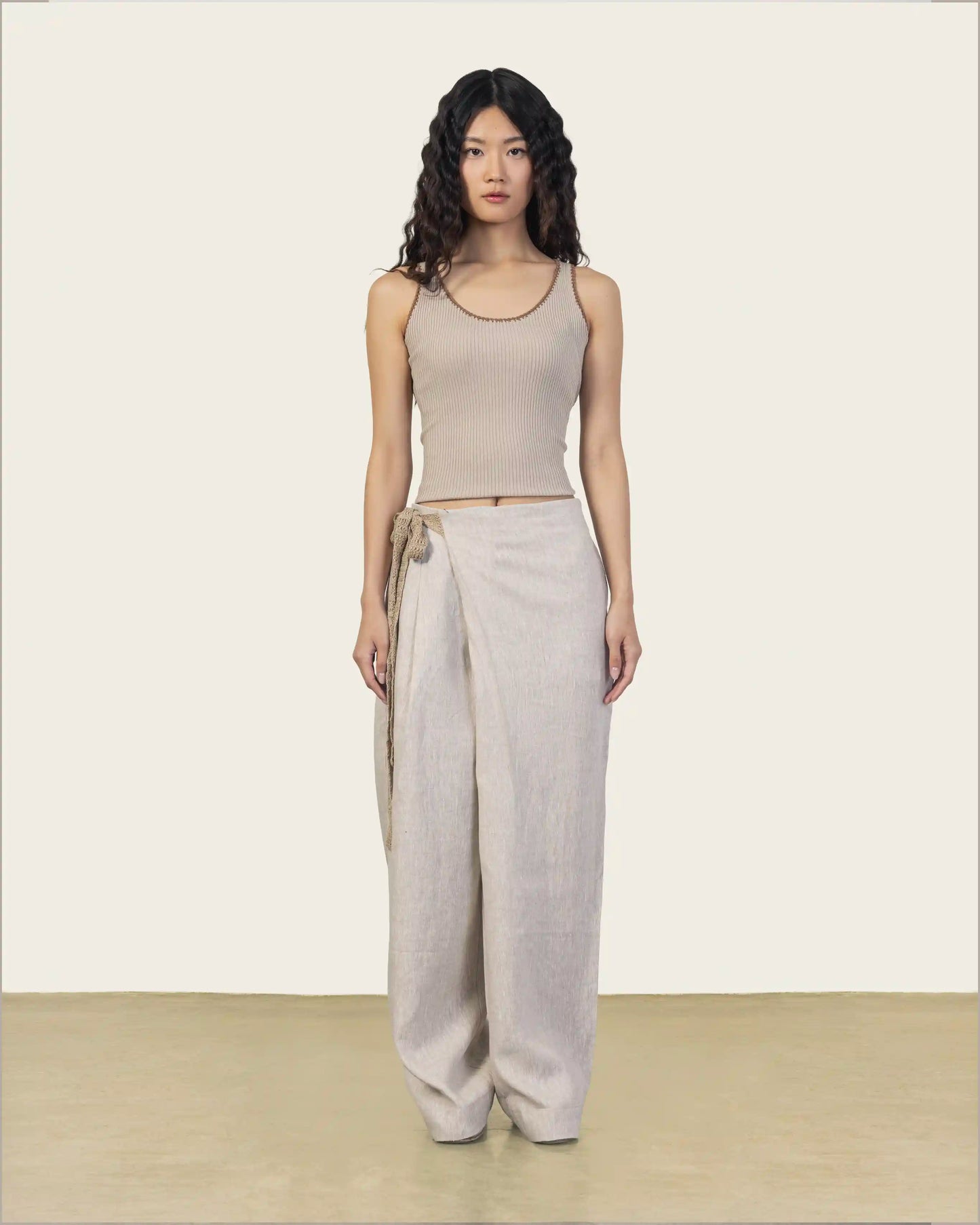 Beige Wrap Front Linen Pants