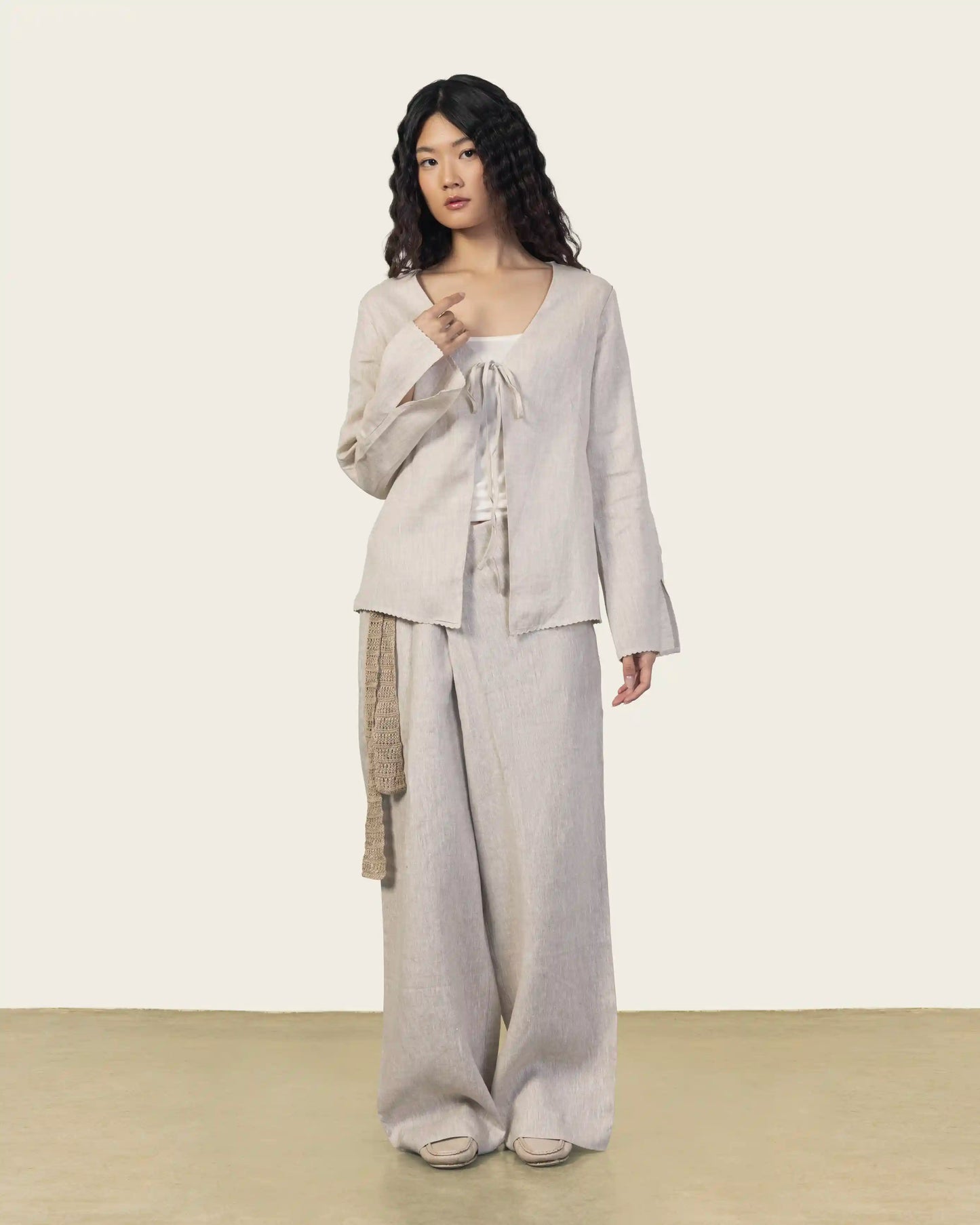 Beige Linen Shirt With Ties