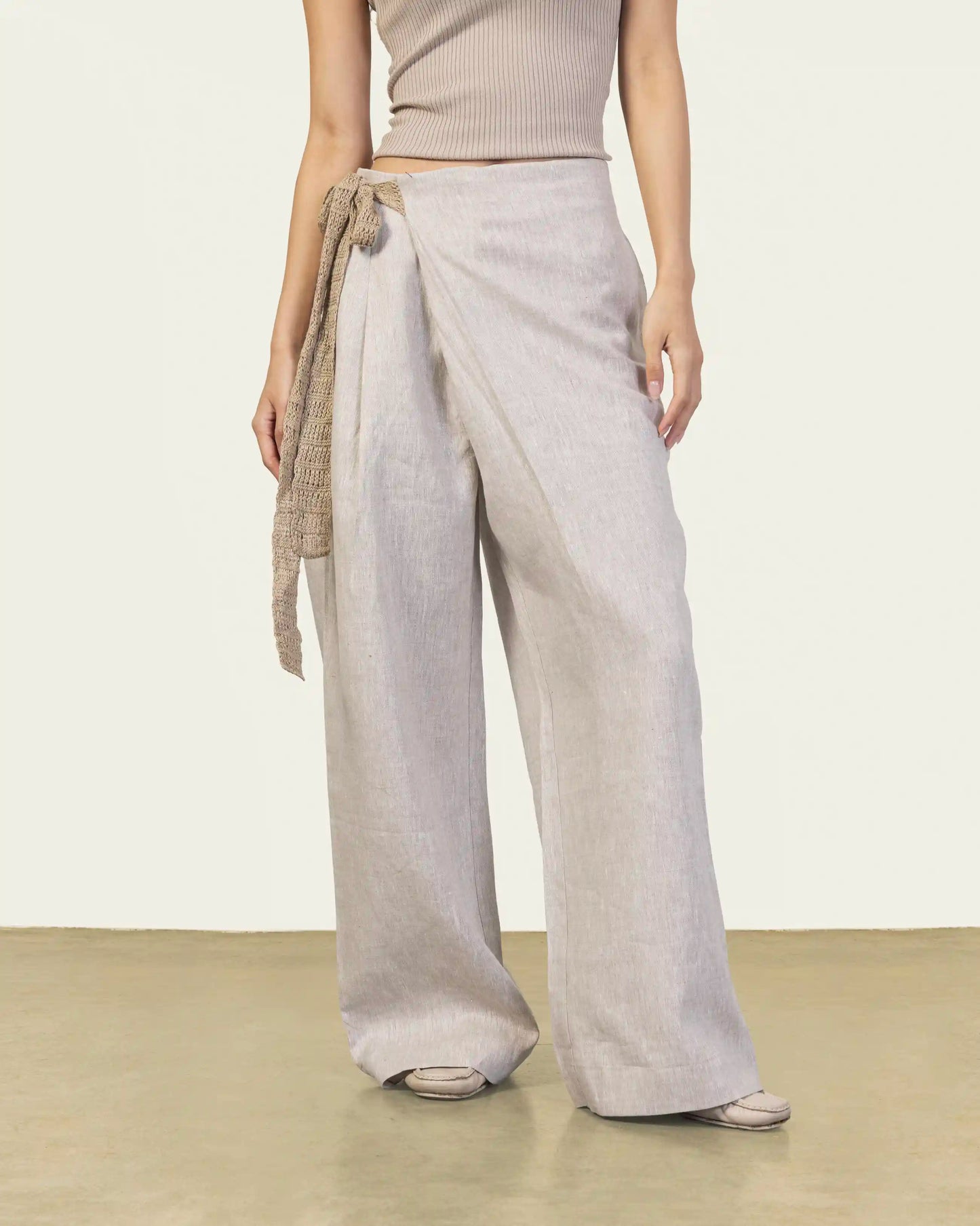Beige Wrap Front Linen Pants