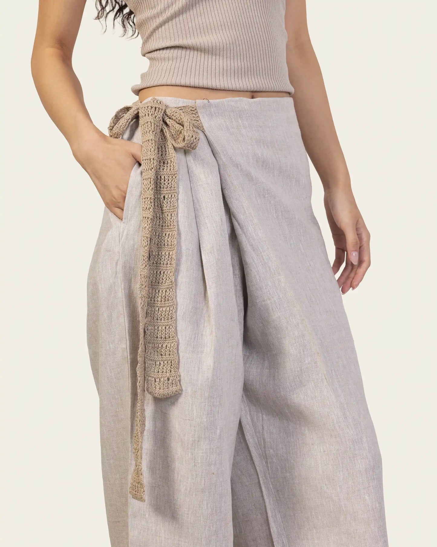 Beige Wrap Front Linen Pants