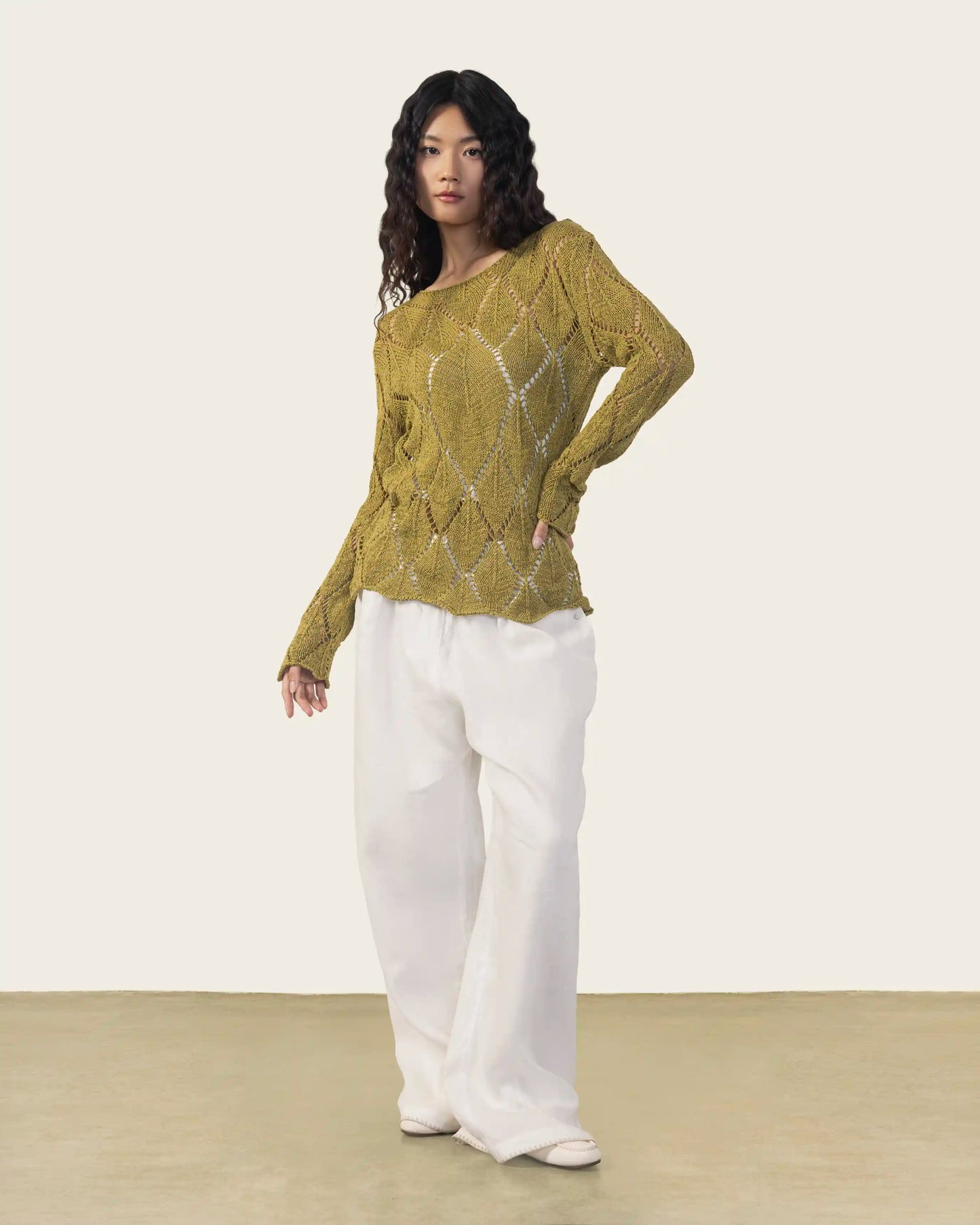 Lace-Look Long Sleeve Top in Olive
