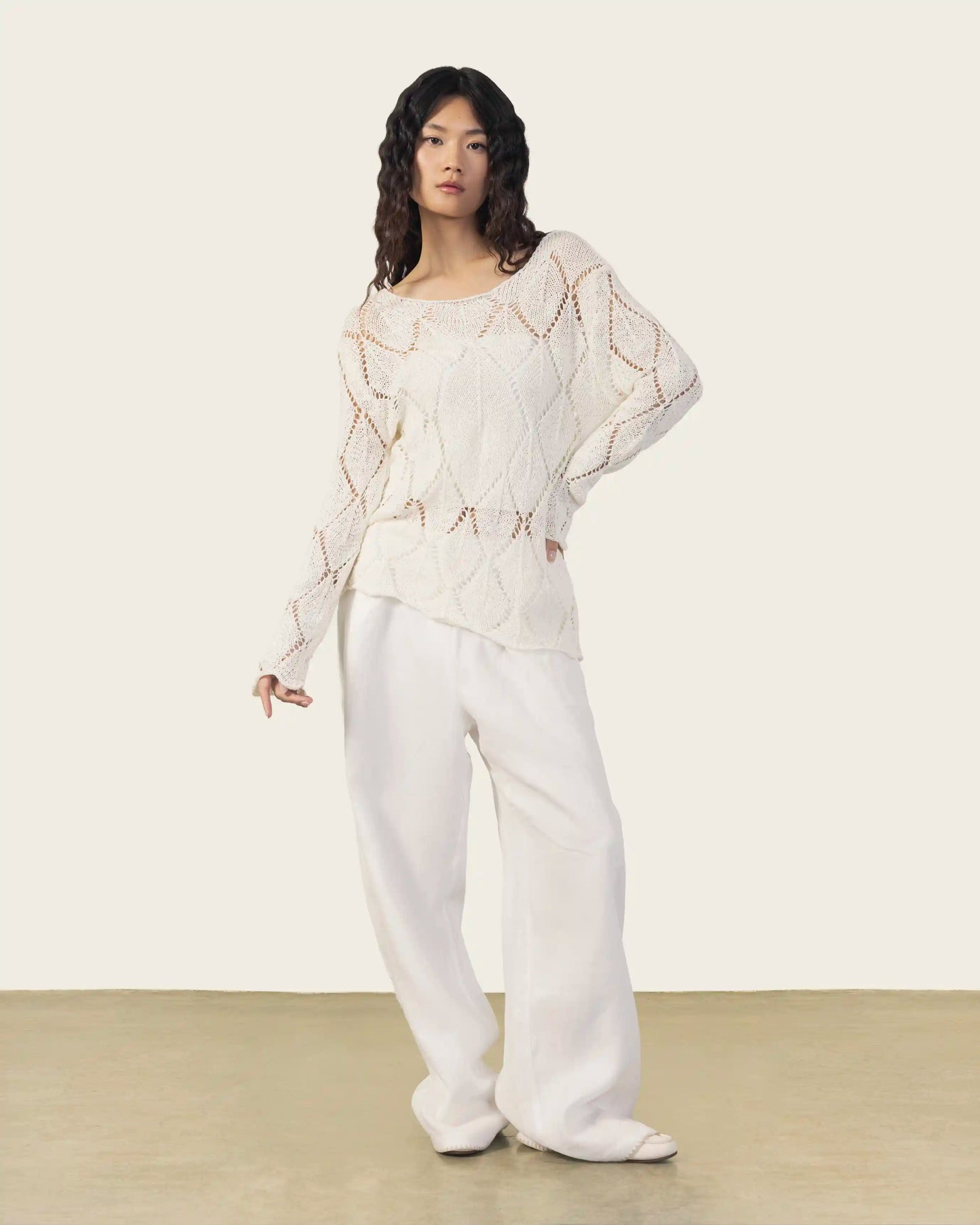 Lace-Look Long Sleeve Top in White