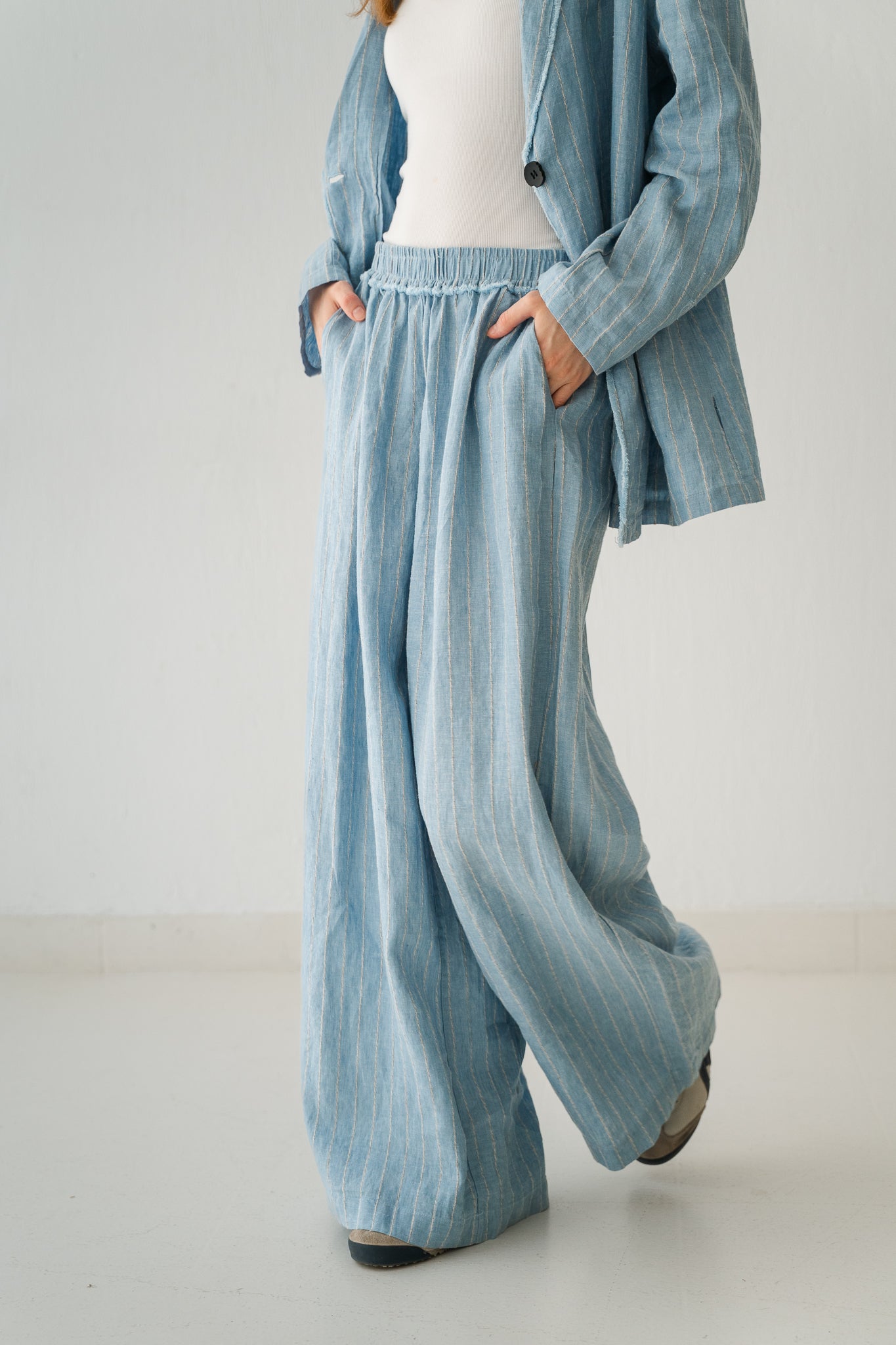 Striped Linen Pants In Powder Blue