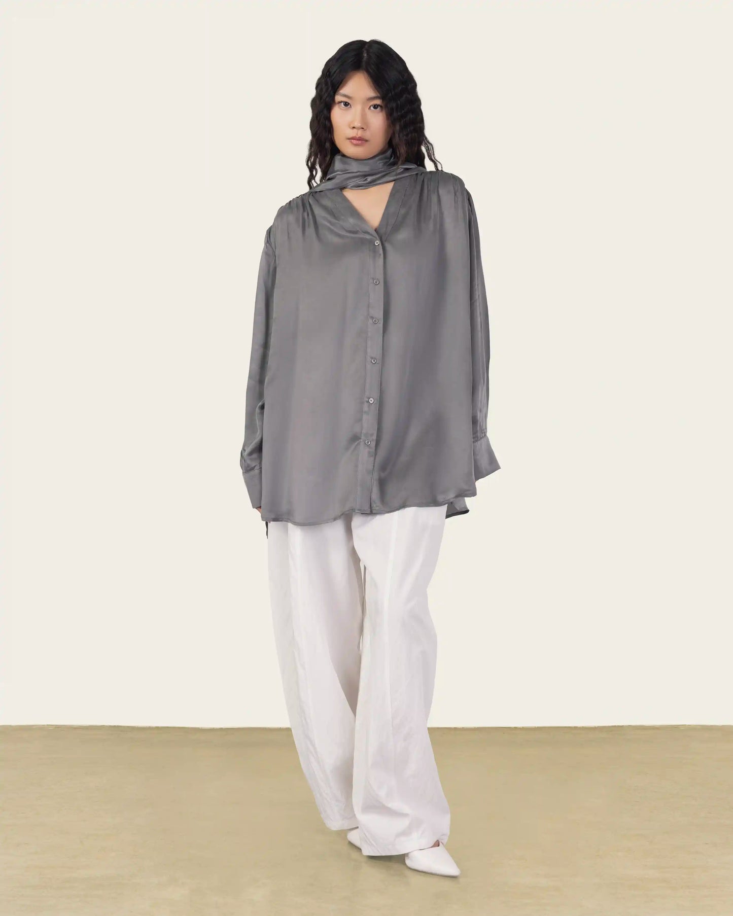 Silk Shirt with Neck Scarf in Grey