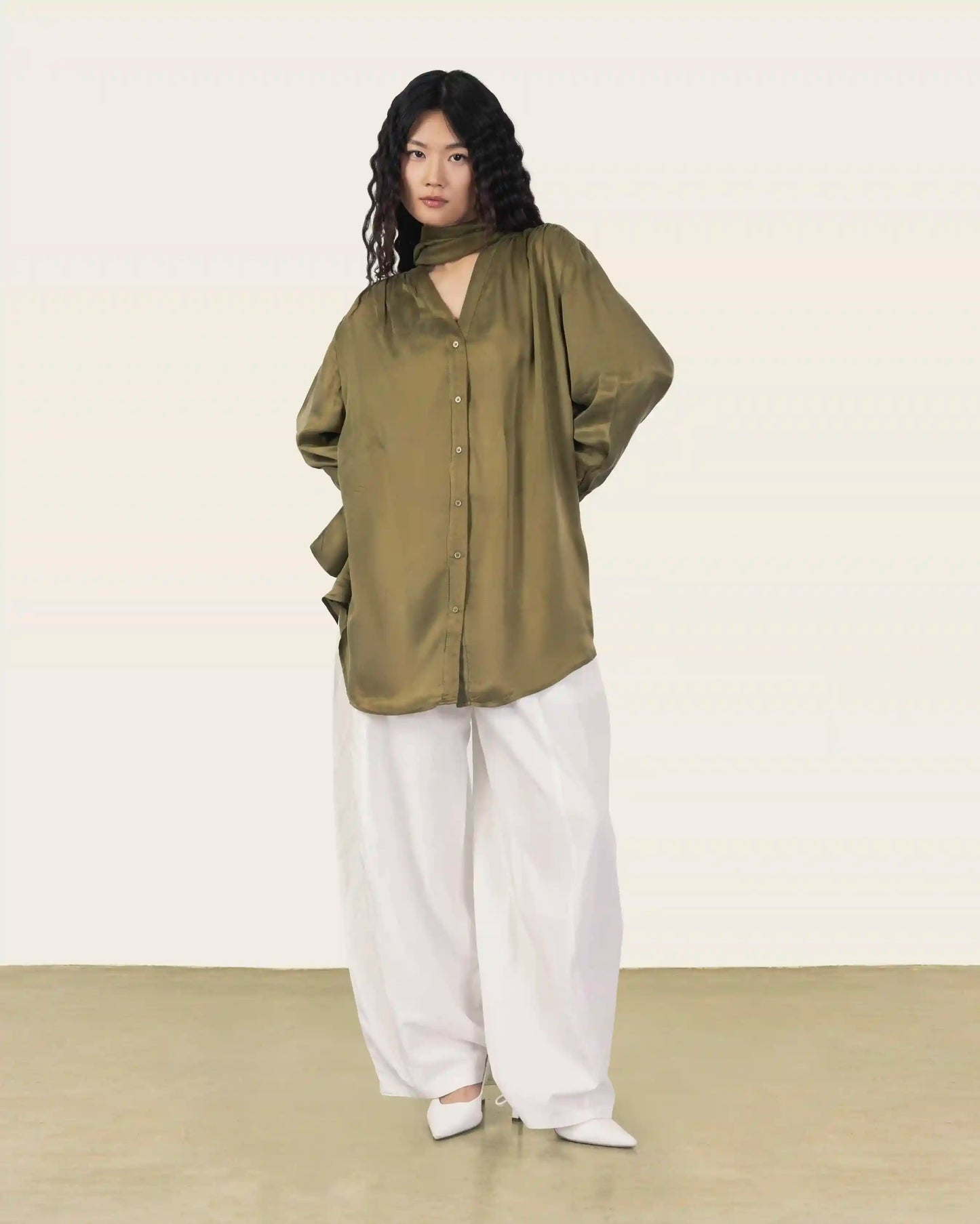 Rich Velvet Shirt with Neck Scarf in Olive