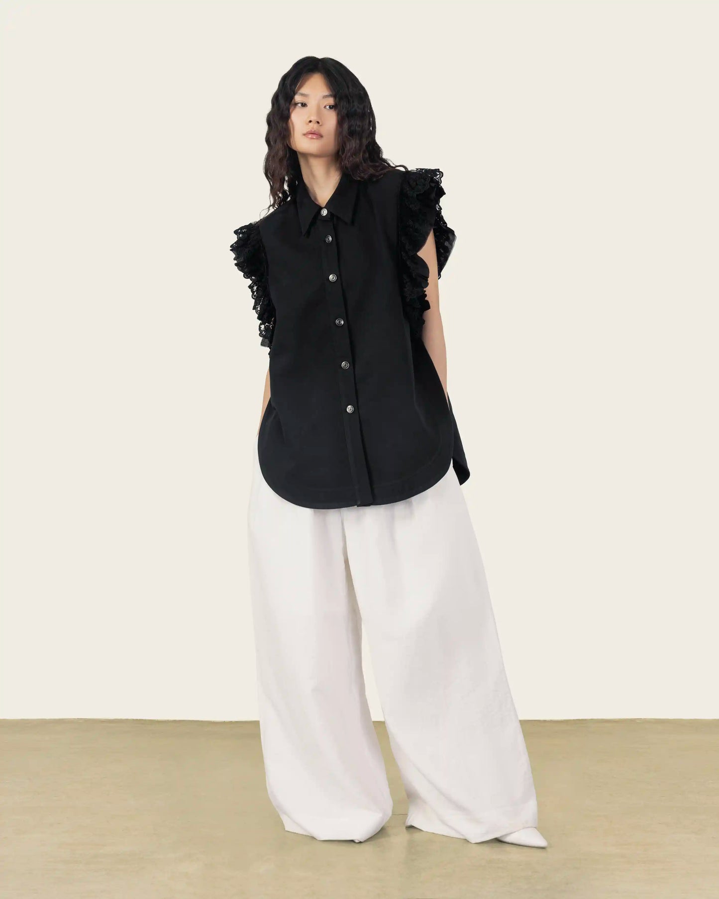 Black Shirt with Lace Ruffled Sleeves
