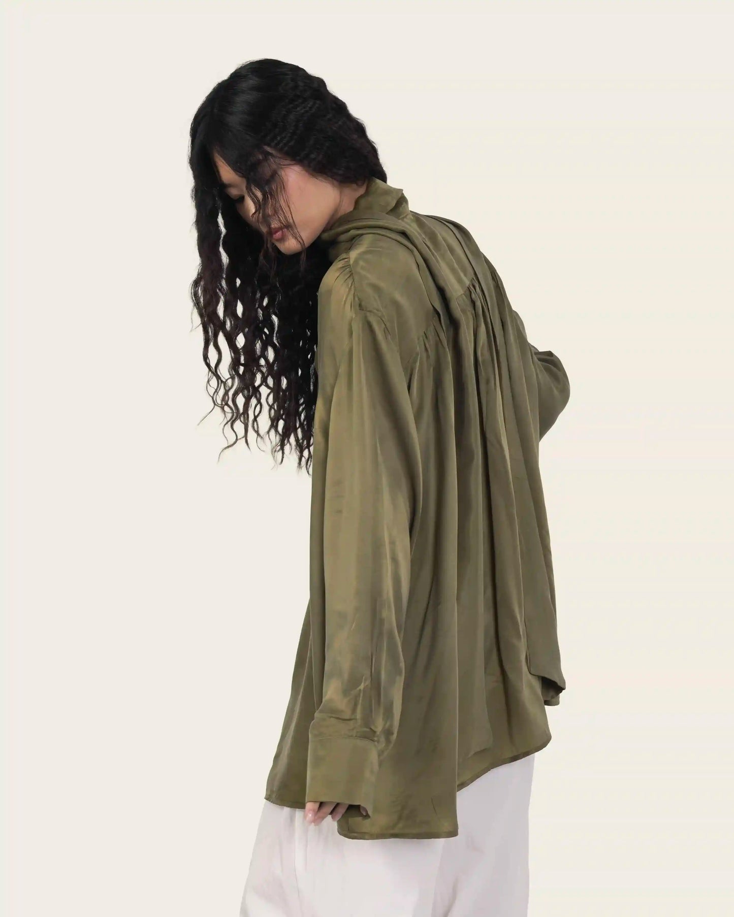Silk Shirt with Neck Scarf in Olive