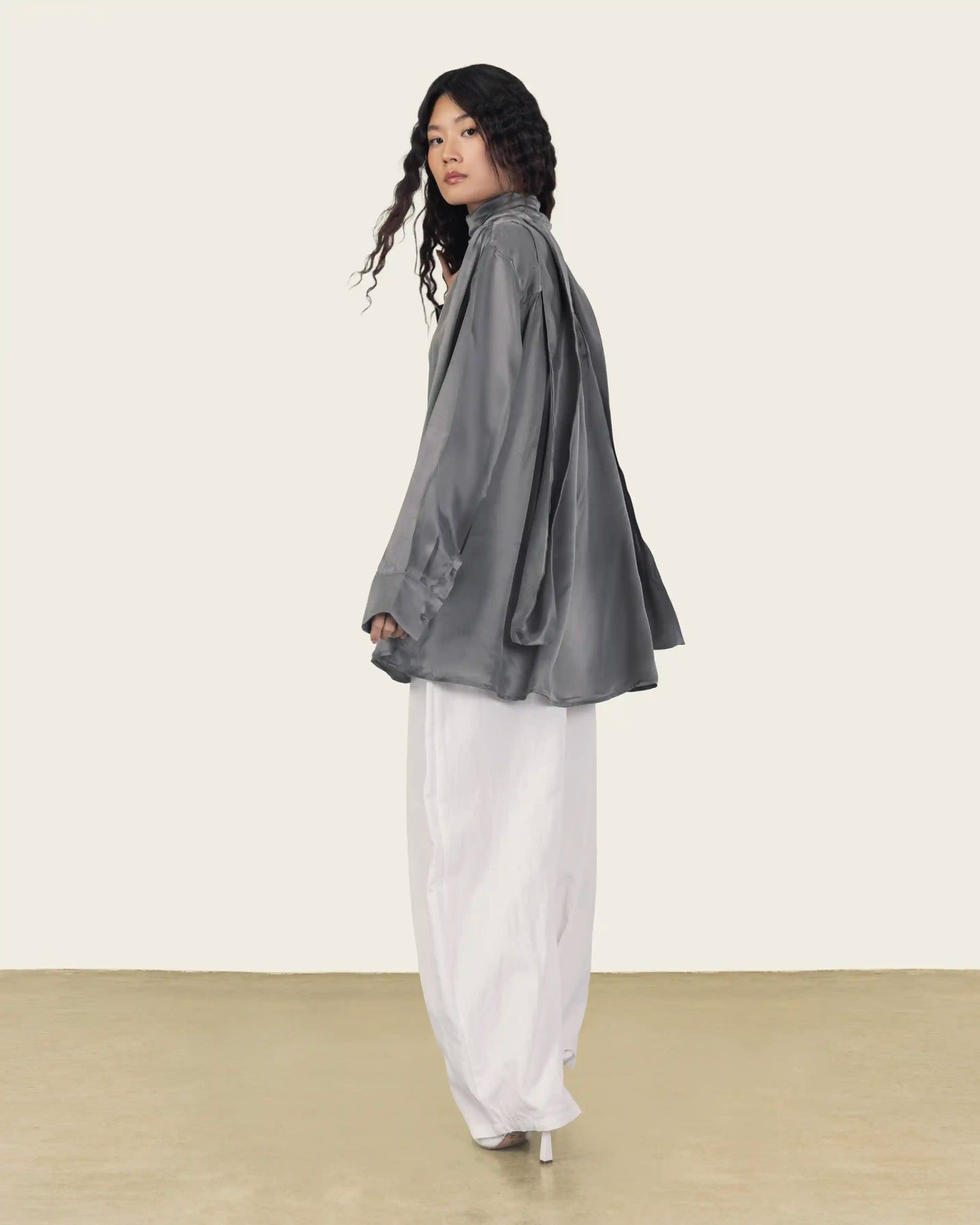 Silk Shirt with Neck Scarf in Grey