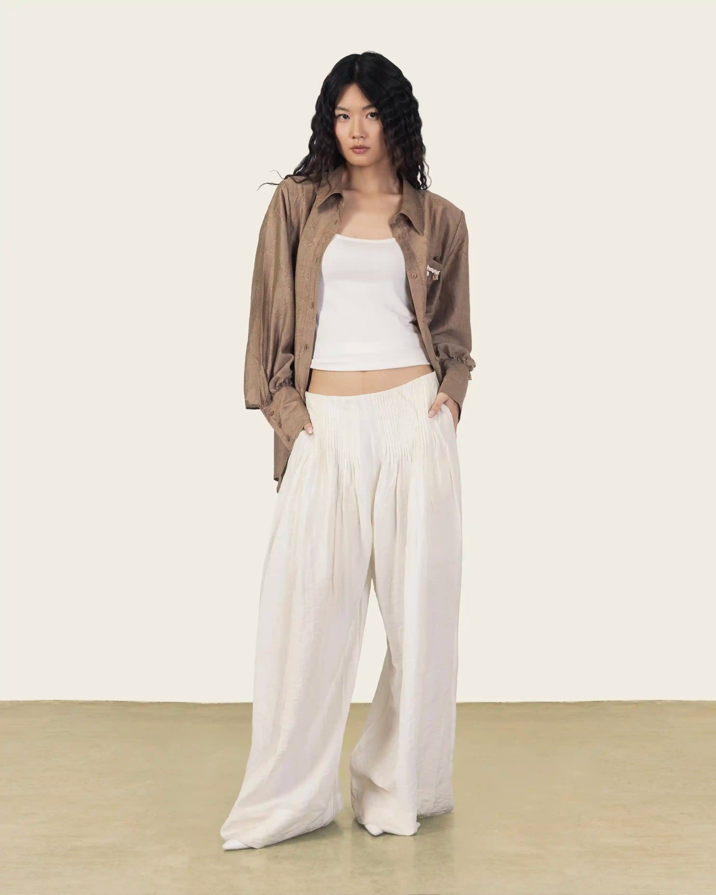 White Pleated Wide Leg Pants