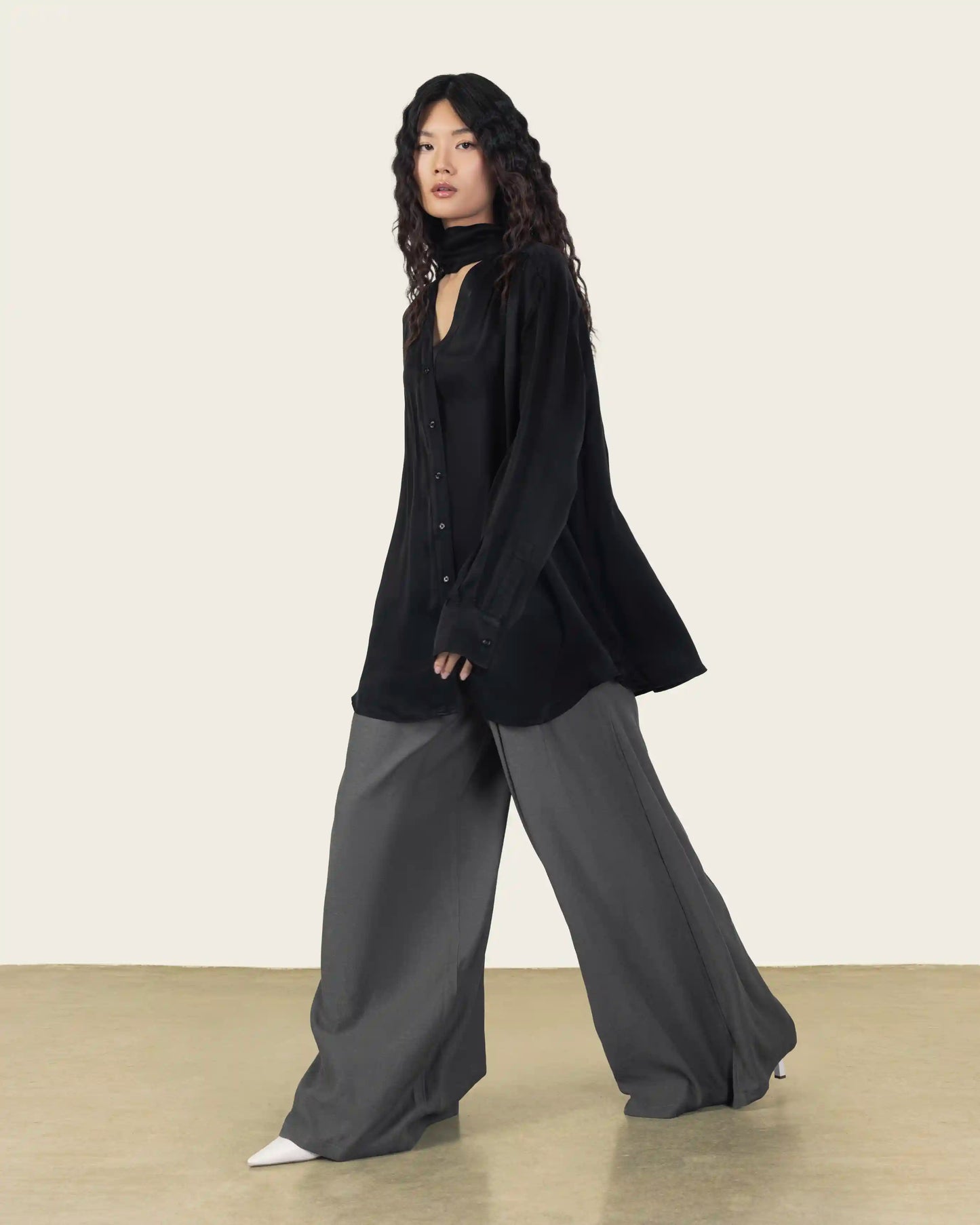 Silk Shirt with Neck Scarf in Black