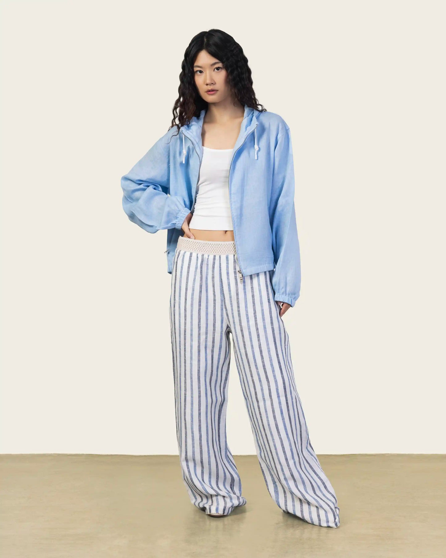 Wide Leg Linen Pants in Blue Strips