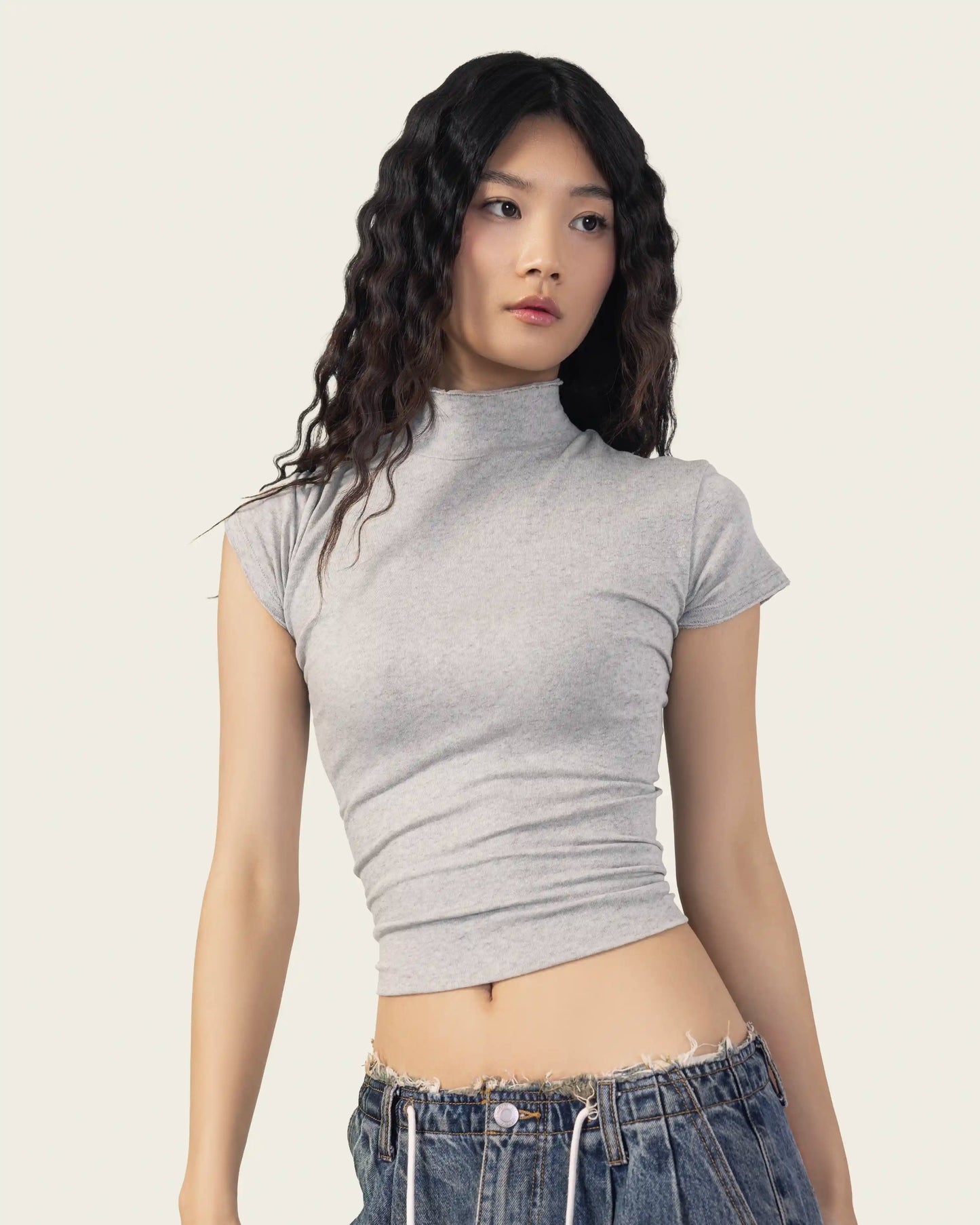 Top with Mock Neck in Light Grey