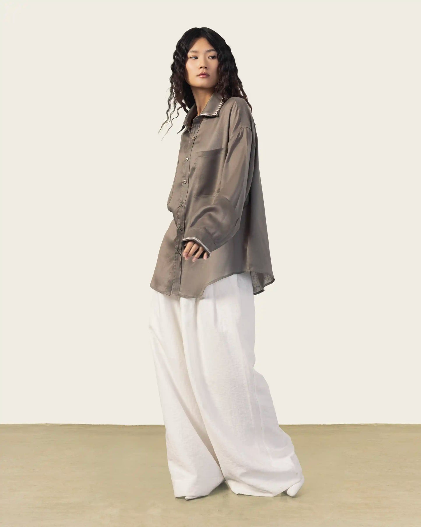 Sheer Olive Shirt with Embroidery Details
