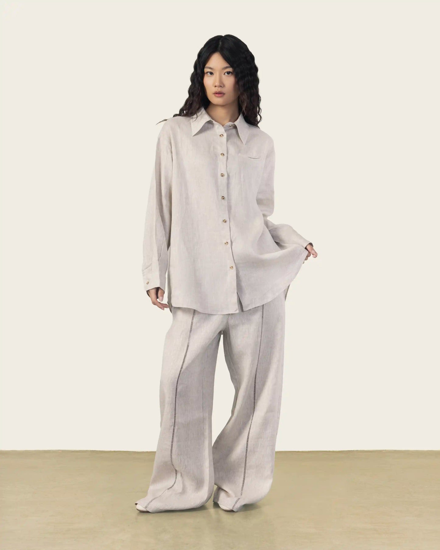 Wide Leg Linen Pants in Beige With Brown Stitching Detail