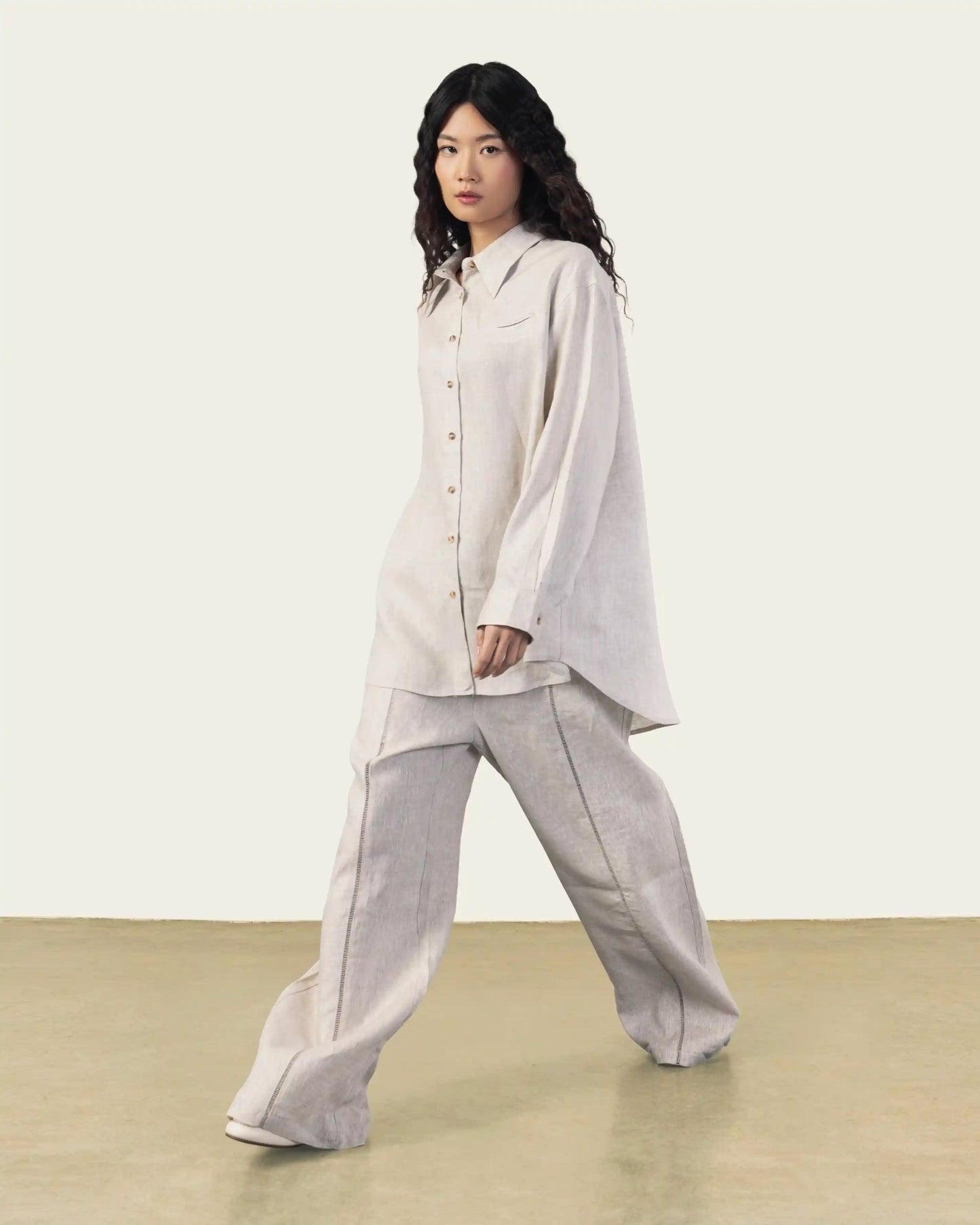 Wide Leg Linen Pants in Beige With Brown Stitching Detail
