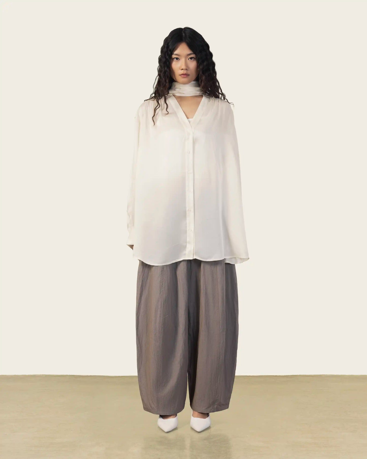Silk Shirt with Neck Scarf in Pearl