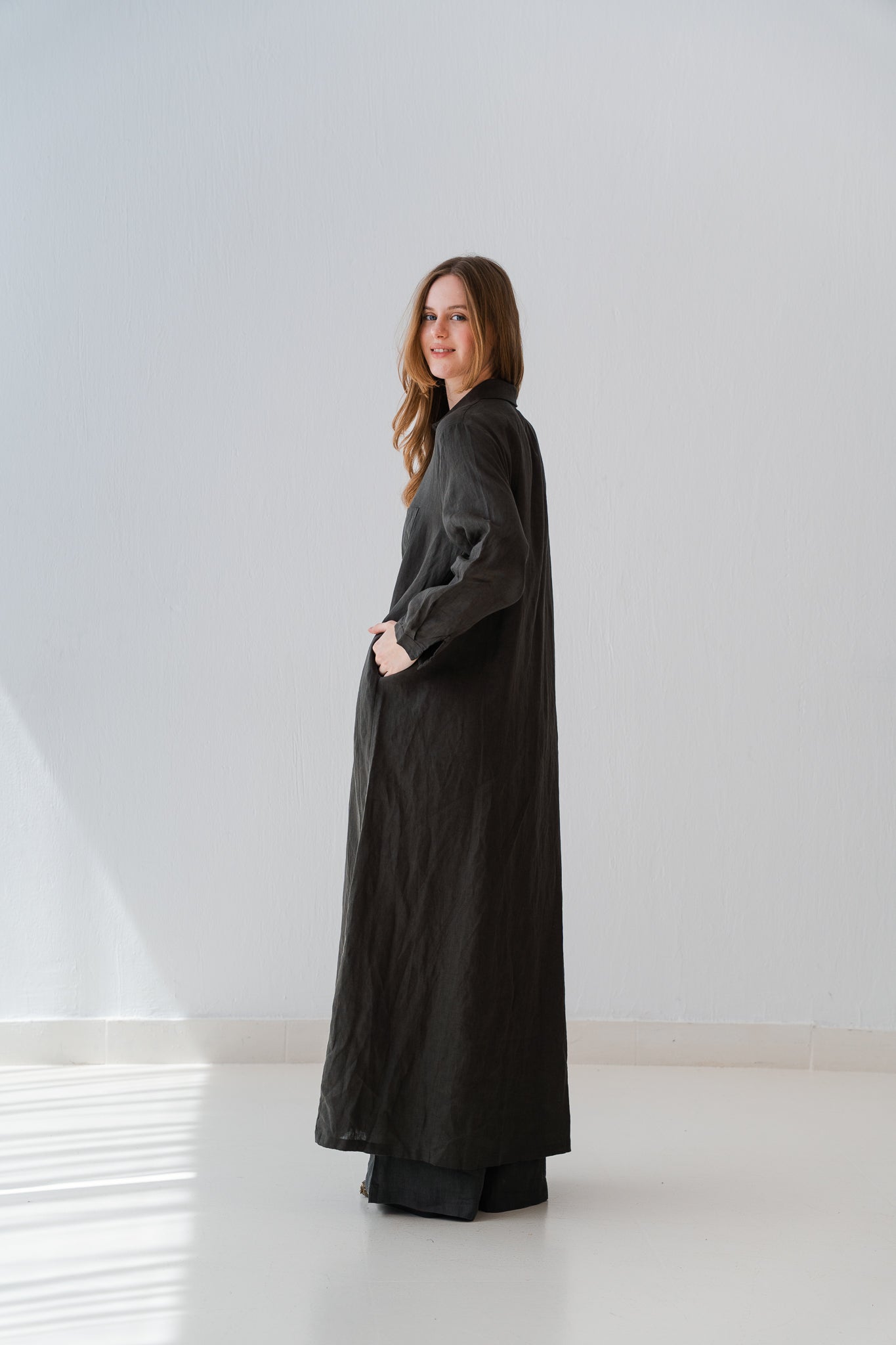Soft Linen Long Shirt In Deep Olive