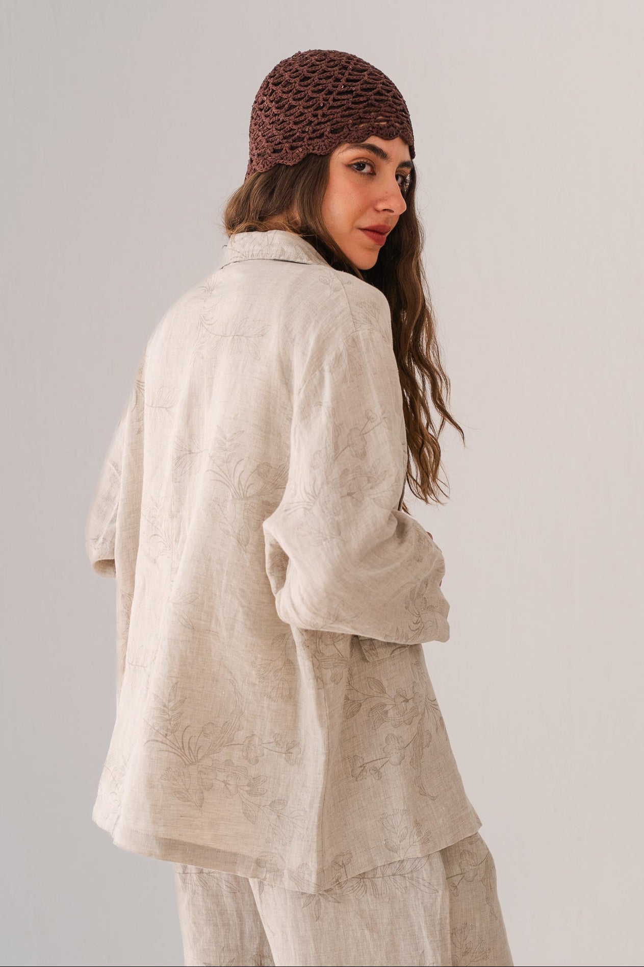 Flowered Linen Blazer In Beige