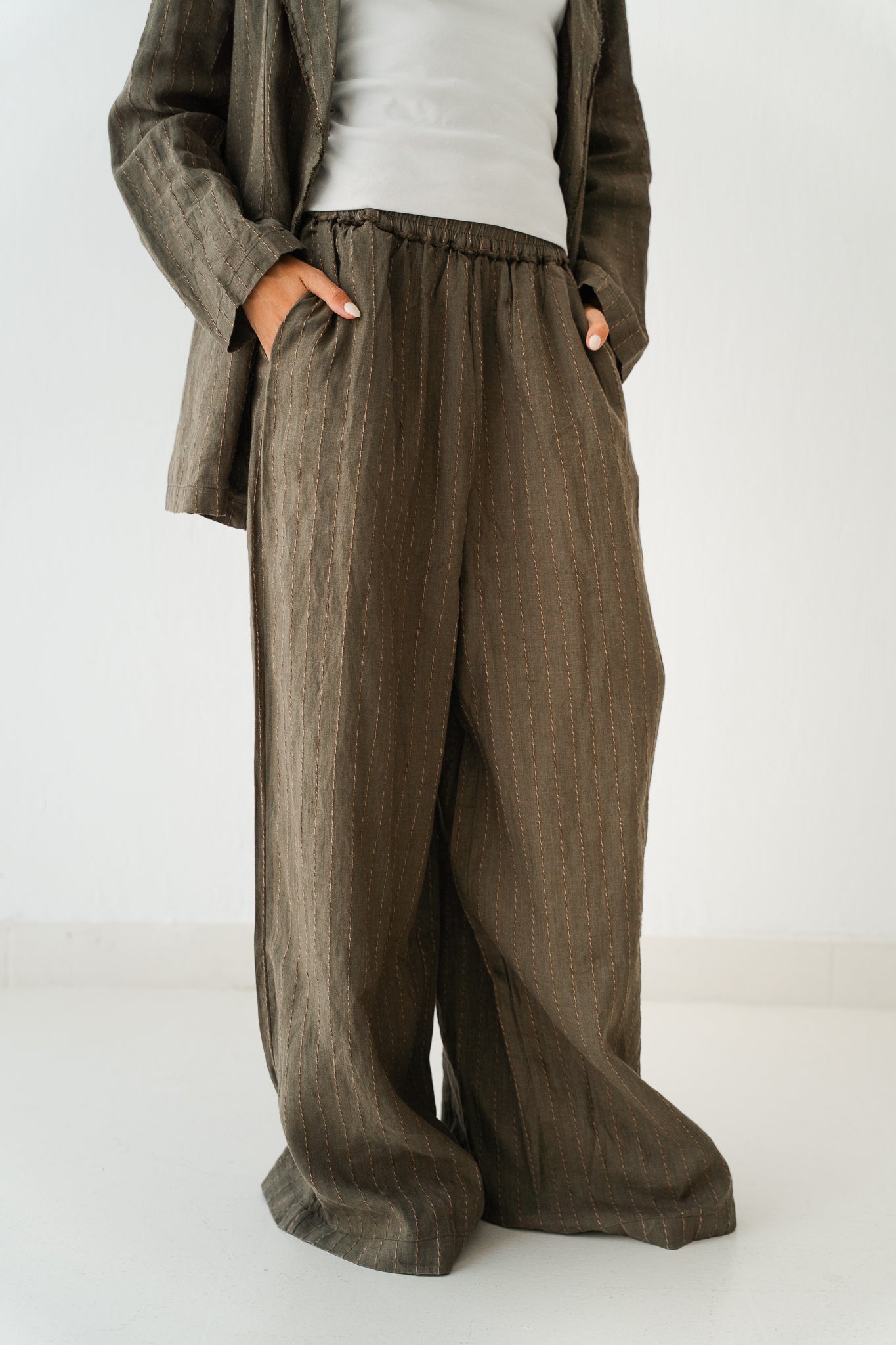 Striped Linen Pants In Olive