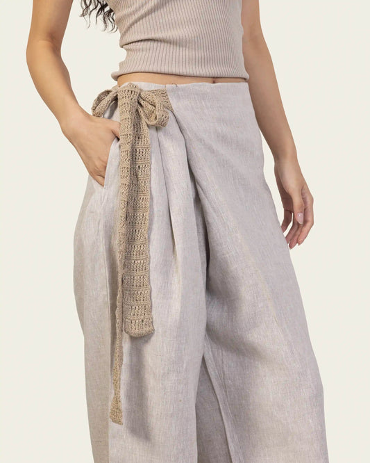 Beige Wrap Front Linen Pants