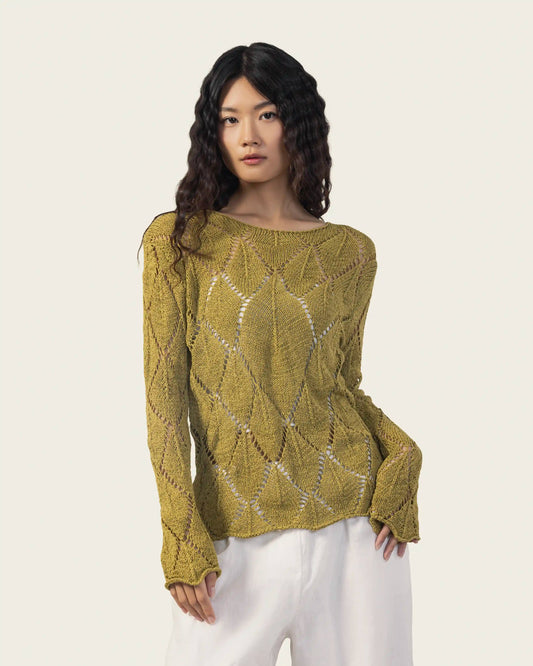 Lace-Look Long Sleeve Top in Olive