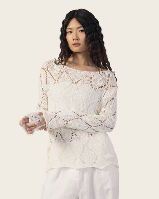 Lace-Look Long Sleeve Top in White