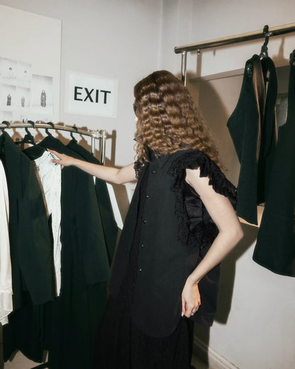 Black Shirt with Lace Ruffled Sleeves