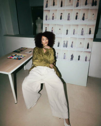 Rich Velvet Shirt with Neck Scarf in Olive