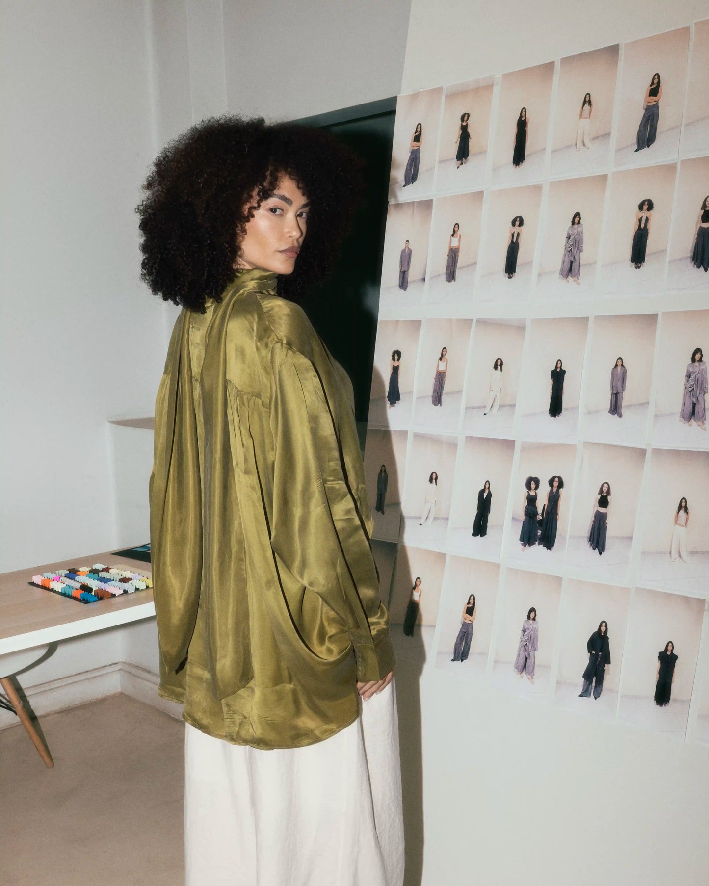 Rich Velvet Shirt with Neck Scarf in Olive