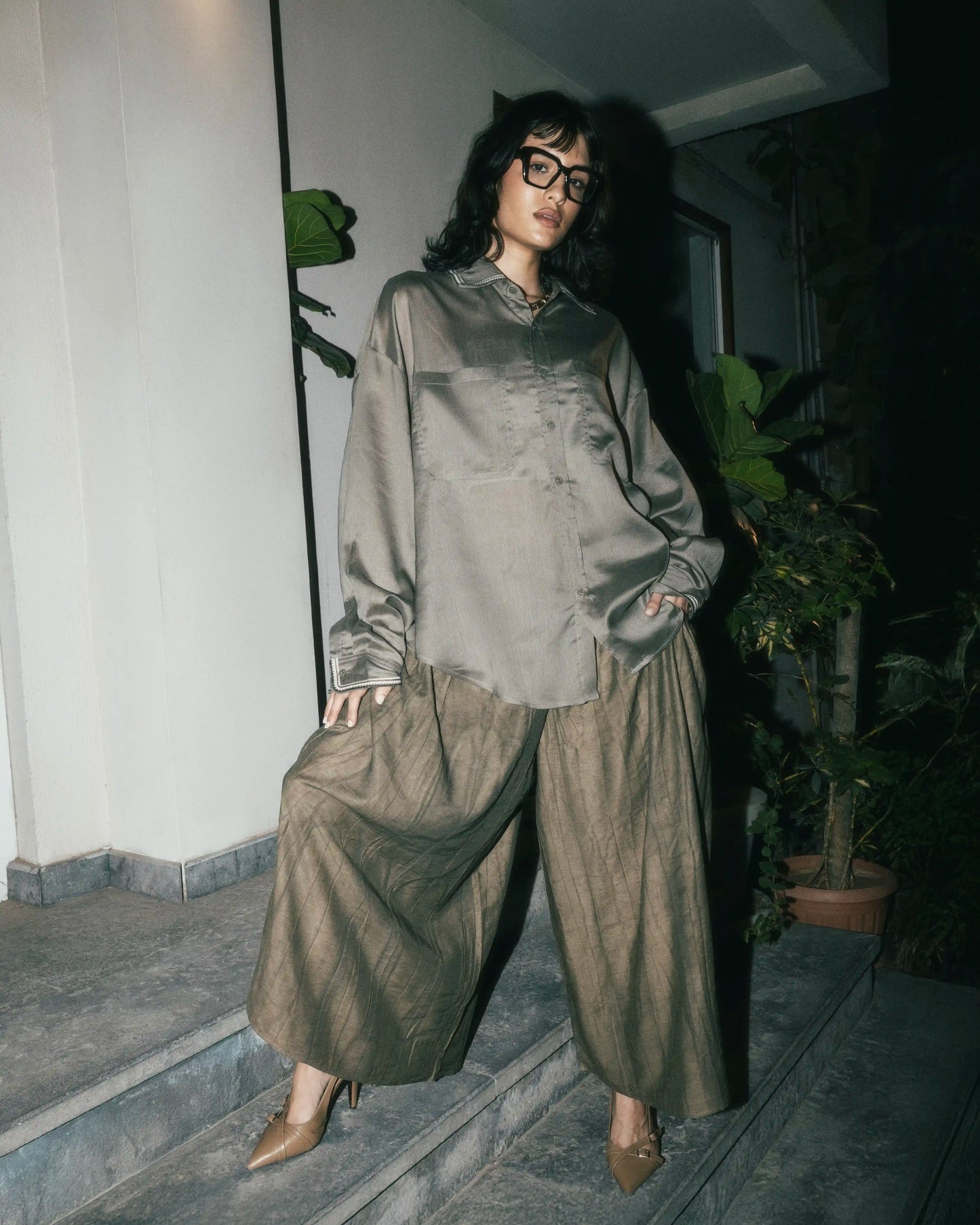 Sheer Olive Shirt with Embroidery Details