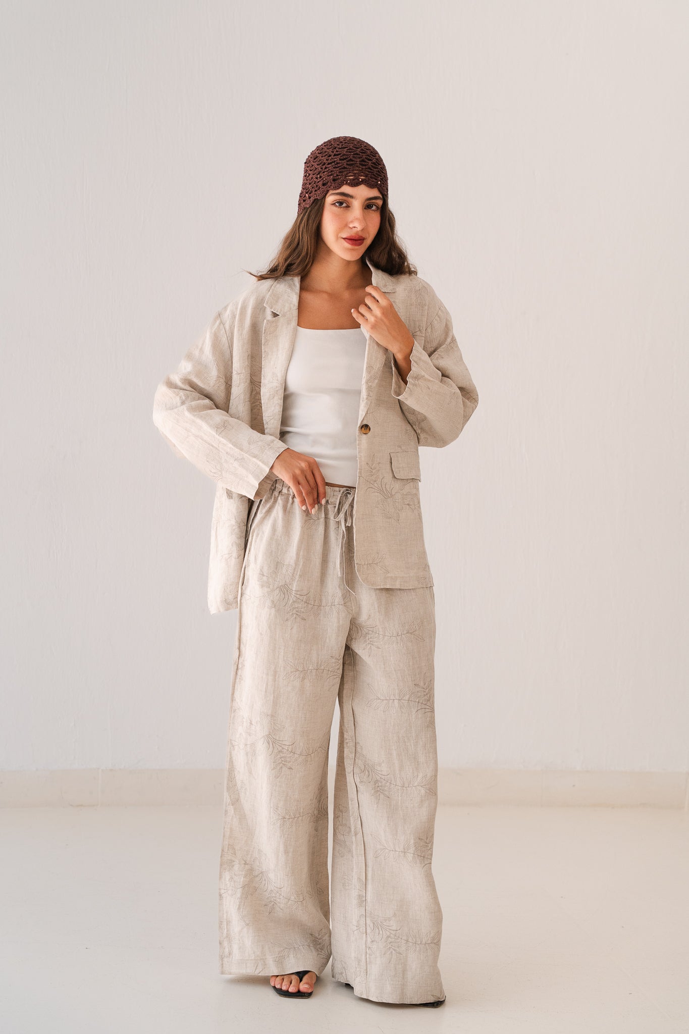 Flowered Linen Pants In Beige