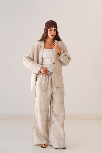 Flowered Linen Pants In Beige