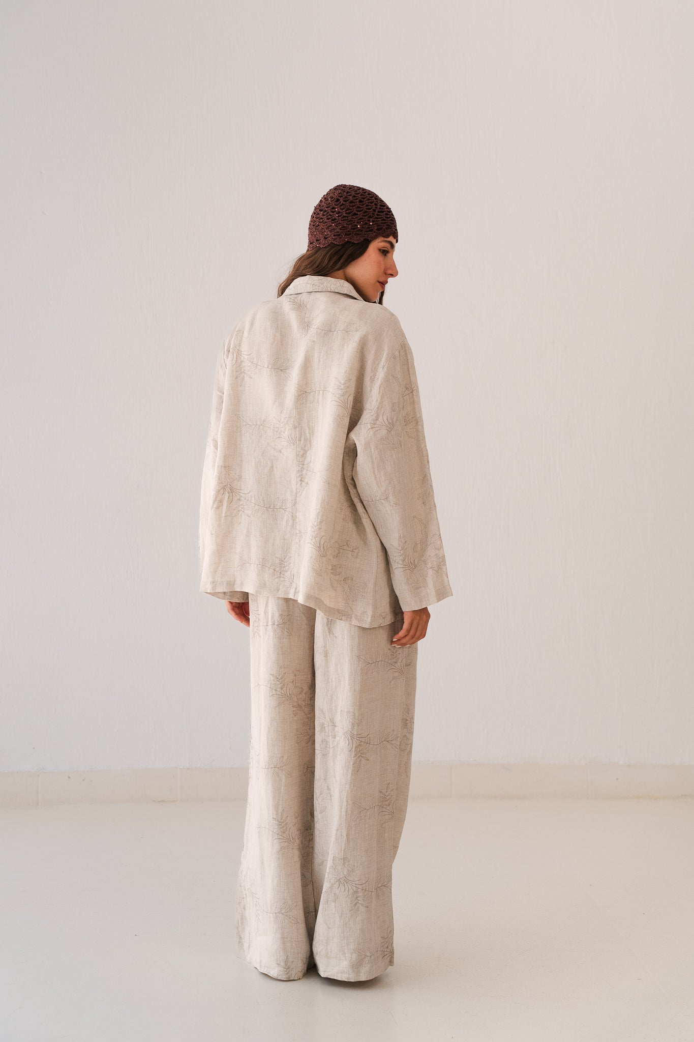 Flowered Linen Pants In Beige