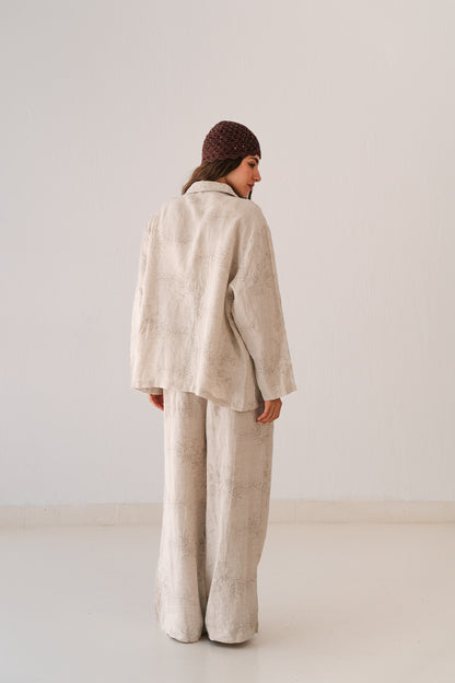 Flowered Linen Pants In Beige