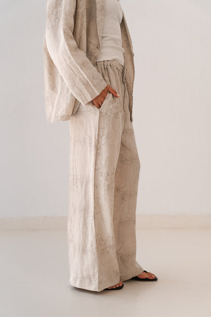 Flowered Linen Pants In Beige