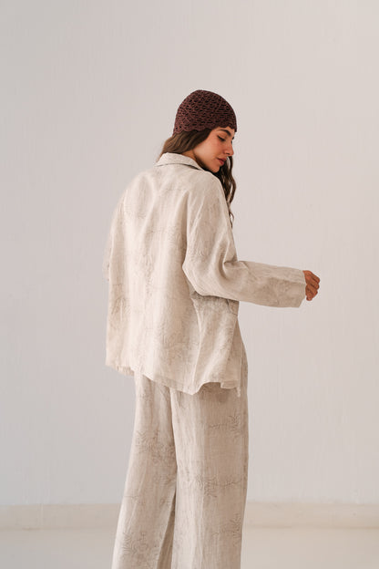 Flowered Linen Pants In Beige