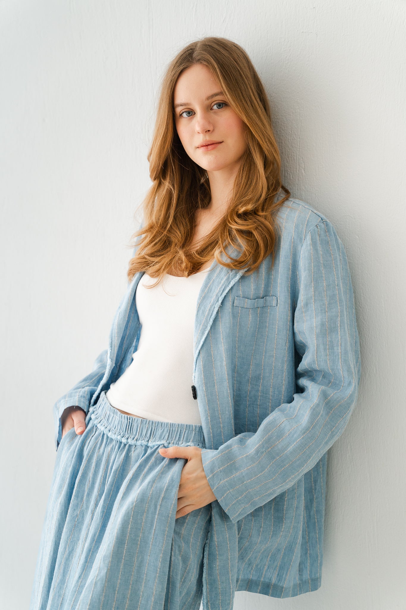 Striped Linen Pants In Powder Blue