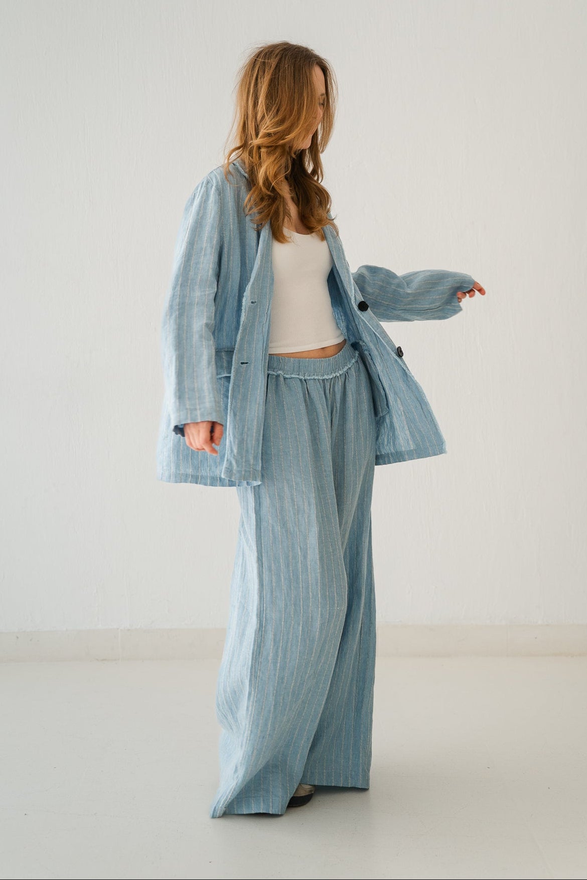 Striped Linen Pants In Powder Blue
