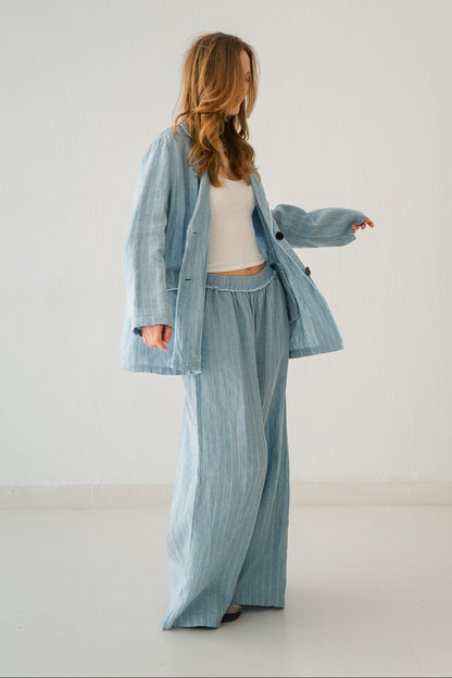 Striped Linen Pants In Powder Blue