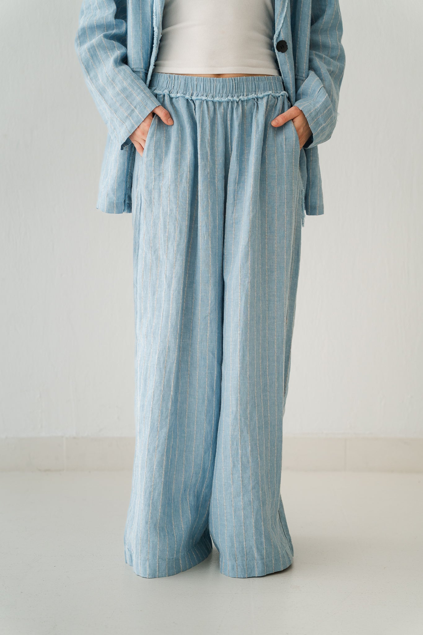 Striped Linen Pants In Powder Blue