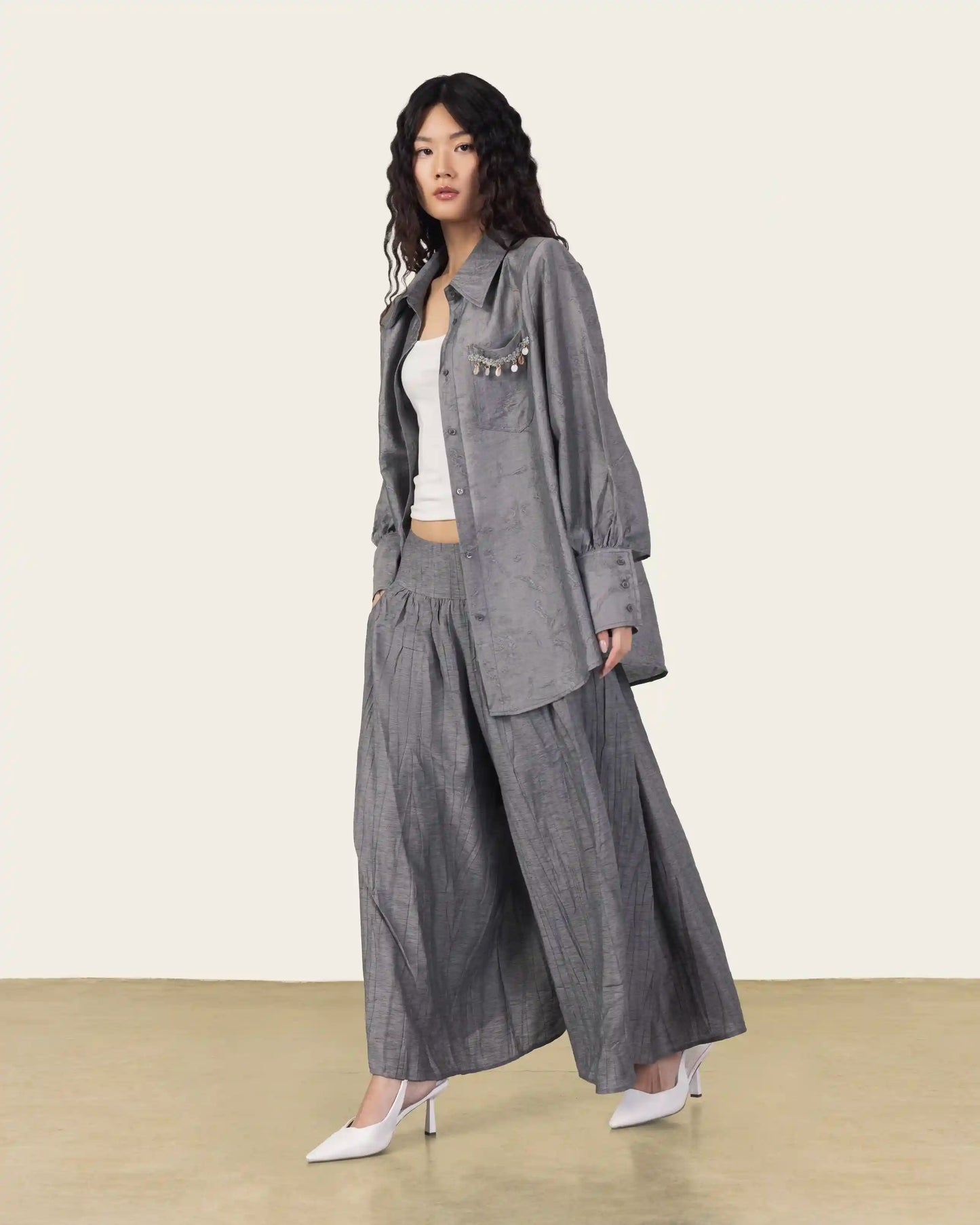 Pleated Wide Leg Pants in Grey