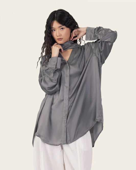 Silk Shirt with Neck Scarf in Grey