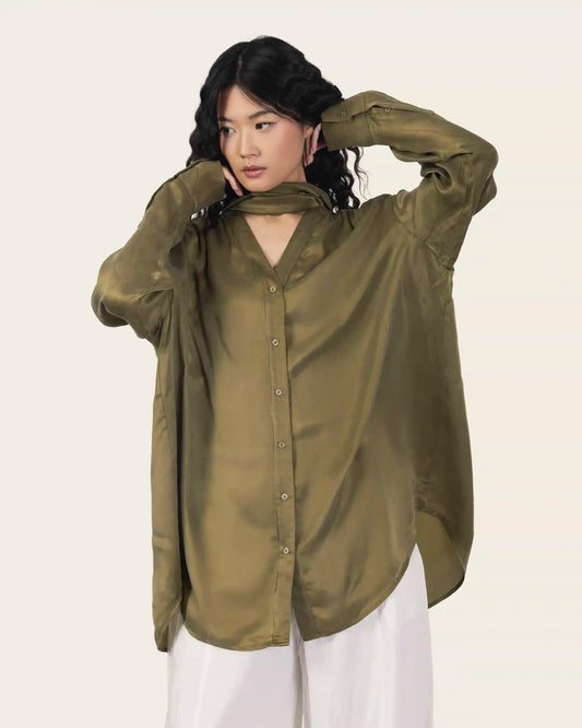 Silk Shirt with Neck Scarf in Olive
