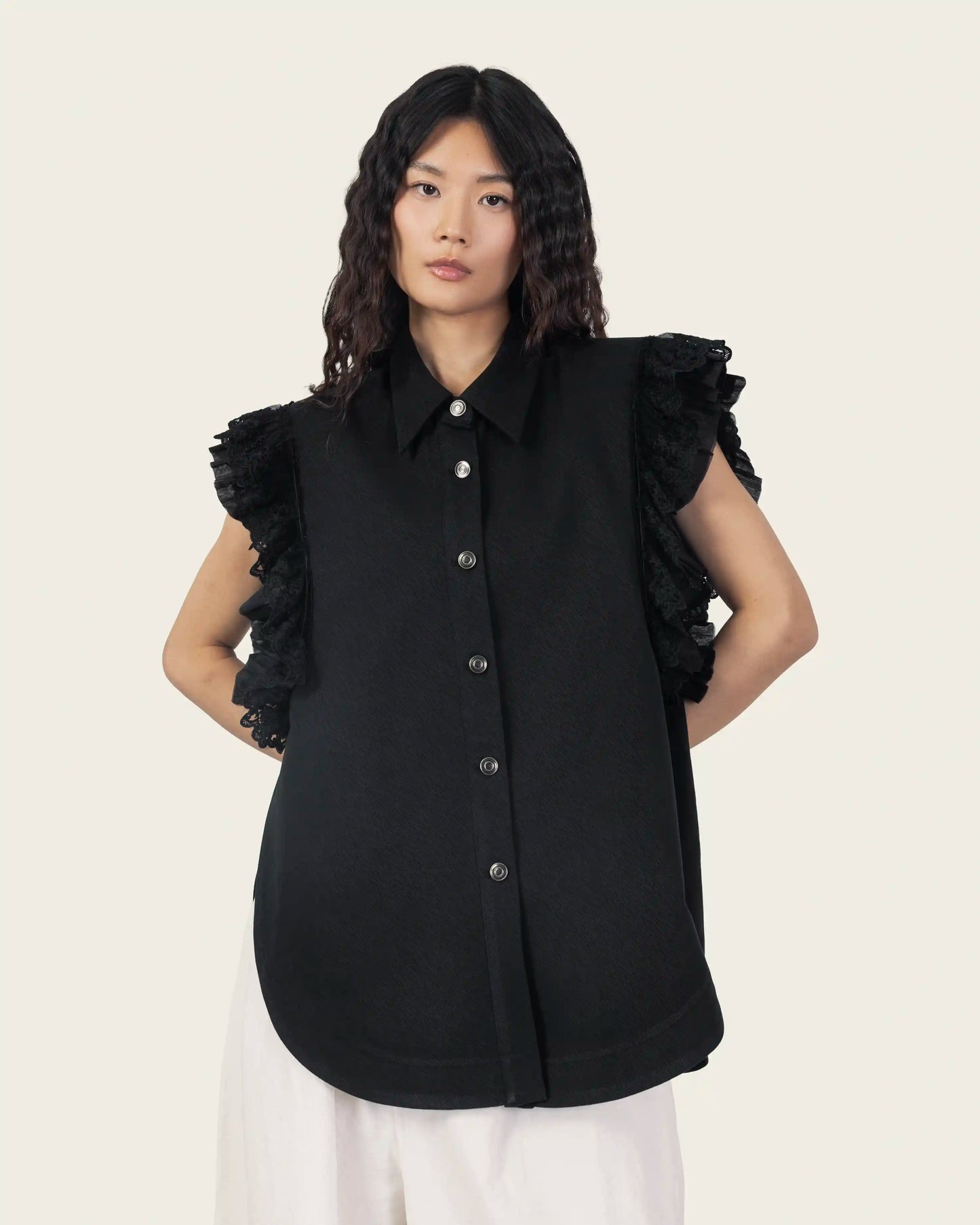 Black Shirt with Lace Ruffled Sleeves