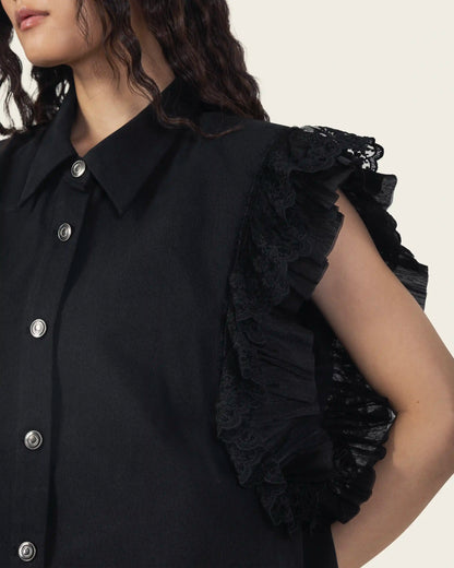Black Shirt with Lace Ruffled Sleeves