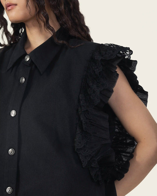 Black Shirt with Lace Ruffled Sleeves