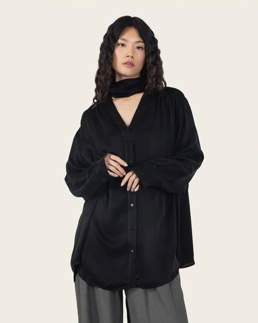 Silk Shirt with Neck Scarf in Black