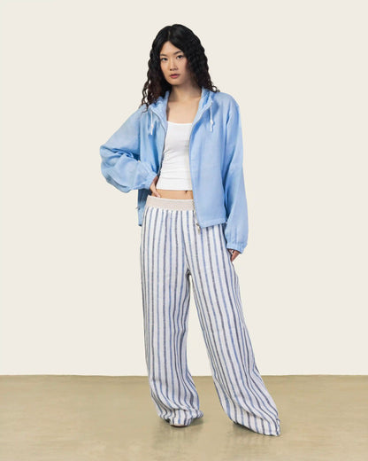 Wide Leg Linen Pants in Blue Strips