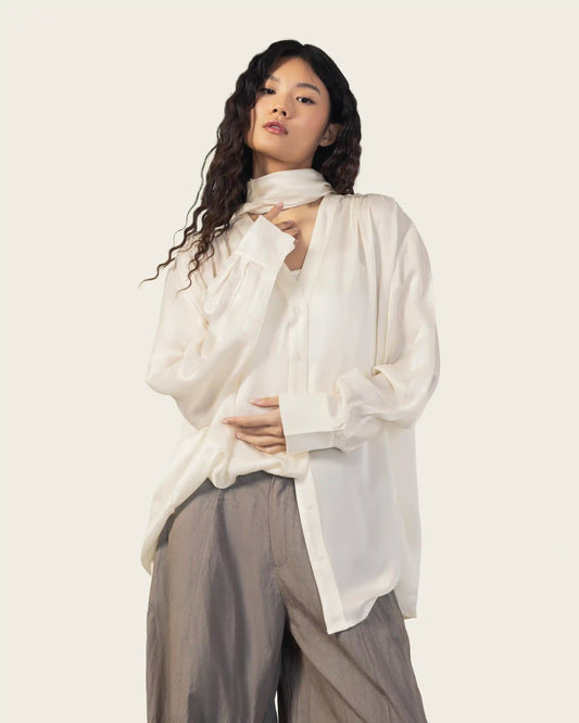 Silk Shirt with Neck Scarf in Pearl