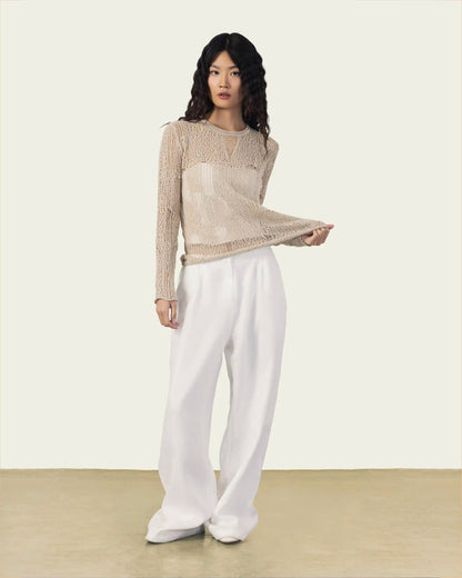 Lace-Look Long Sleeve Top in Beige